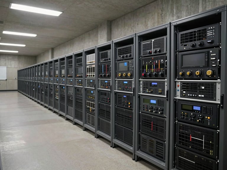 Wide environmental shot of a secure government-grade operations center — rows of rack-mounted hardware under cool fluorescent industrial lighting, structural concrete walls, no personnel visible