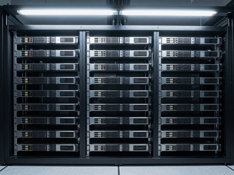 Overhead flat-lay of enterprise server rack modules — dense blade servers in a controlled data center, cool-white strobe from above, precise alignment, no human subjects