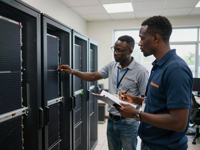 An environmental portrait of technical deployment specialists testing solar-powered server configurations in a bright Accra workspace
