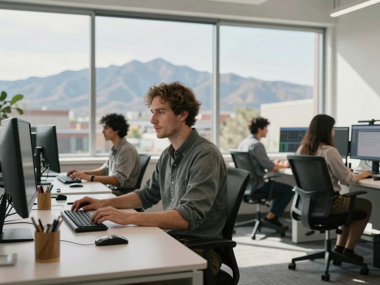 An environmental portrait of software engineers working at standing desks in a modern, sunlit Albuquerque office, mountains visible through the window