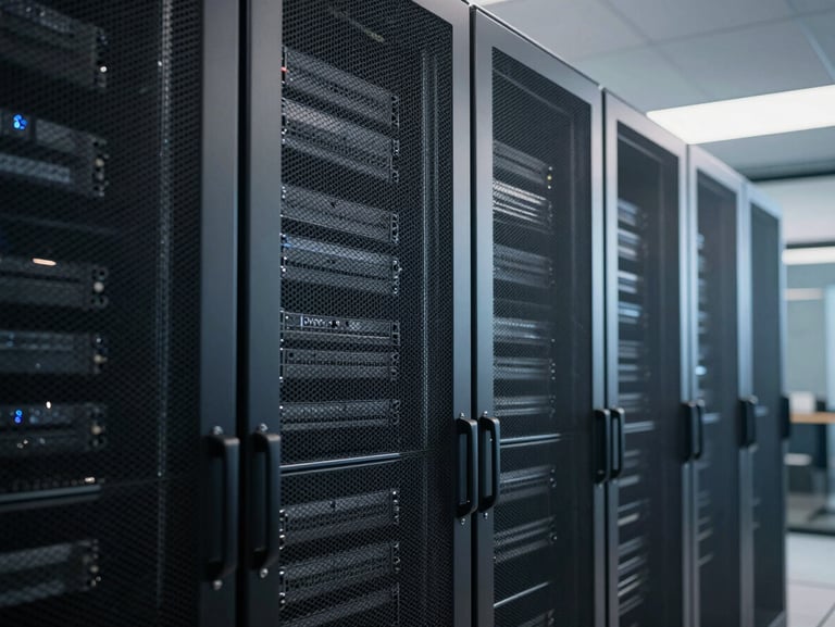 Cool-toned ambient light reflecting off a sleek server rack in a modern Albuquerque data center, clean lines, high-contrast composition.