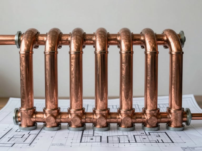 Straight-on medium shot of a perfectly aligned copper manifold system with pristine plumbing lines, clean natural lighting, architectural blueprint style.