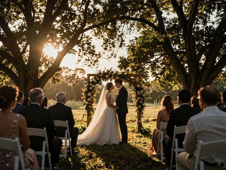 A wedding ceremony captured with low-key, dramatic golden hour backlight filtering through trees, framed like a high-end cinematic movie still.