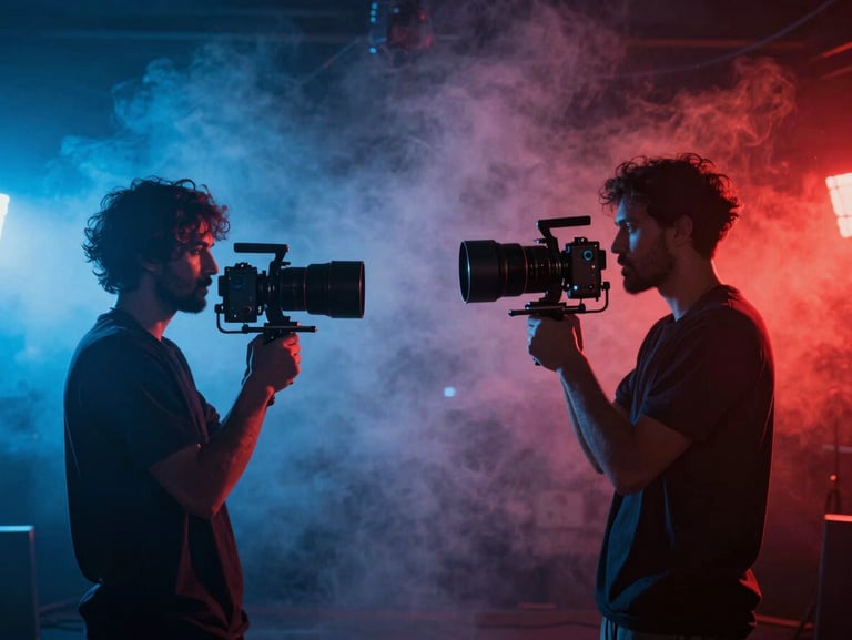 A music video shoot with high-contrast anamorphic framing, vibrant neon blue and red backlights casting silhouettes through smoke machine haze.