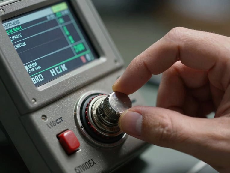 Extreme close-up of a hand pressing a physical industrial toggle switch next to a rugged mobile screen displaying technical data, high-contrast directional lighting.