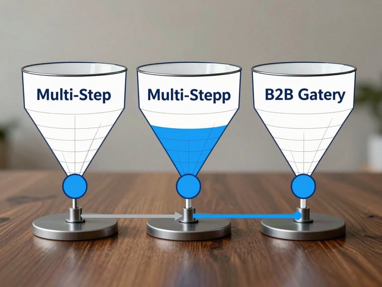 A clinical wireframe schematic of a multi-step B2B lead generation funnel, showing clean layouts and electric blue tracking nodes.