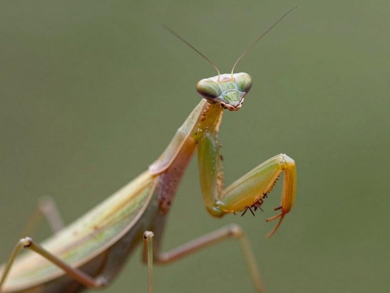 Close-up of a praying mantis turning its head towards the camera, soft green background, natural diffused light