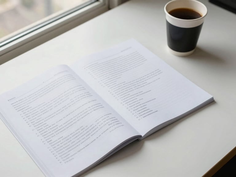 Overhead shot of script pages spread on a desk, handwritten margin notes visible, a cold cup of coffee to the upper right corner, natural diffused daylight from a window off-frame left — wide view with generous empty desk surface on the right