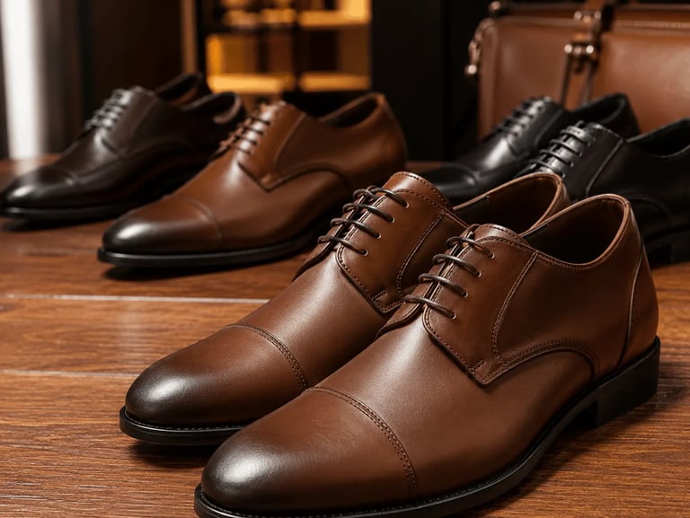 Elegant brown and black leather oxford dress shoes displayed on a wooden surface.