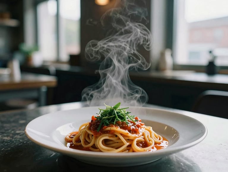 A close-up of steam rising from a freshly plated handmade pasta dish in a dimly lit restaurant kitchen, natural window light, 35mm film style