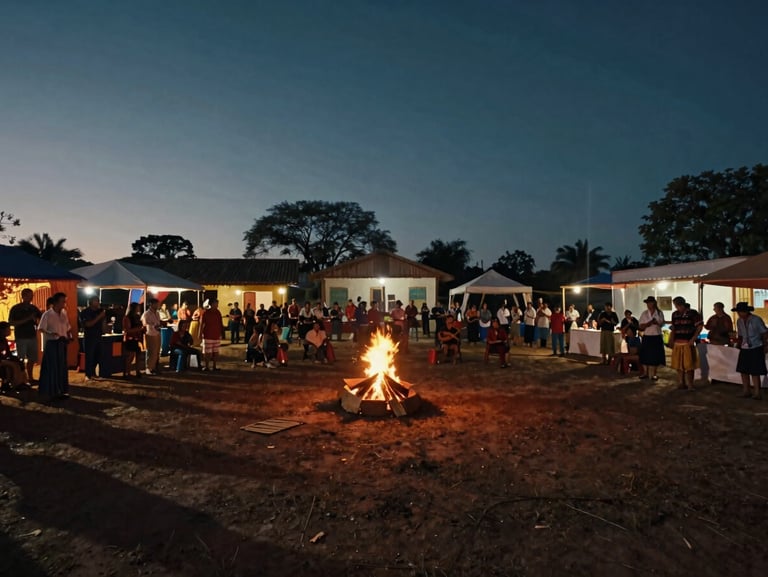 Cinematic wide-angle equirectangular screenshot of a traditional community festival in the Brazilian sertão, campfire light casting deep shadows, authentic atmosphere