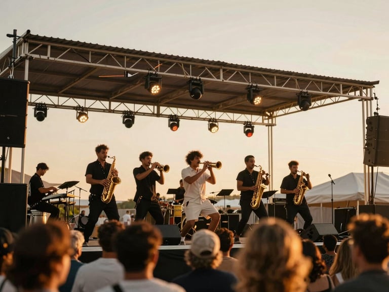 Dynamic low-angle wide shot of a brass section performing on a festival stage at golden hour, warm lighting, motion blur, crowd silhouettes in the foreground