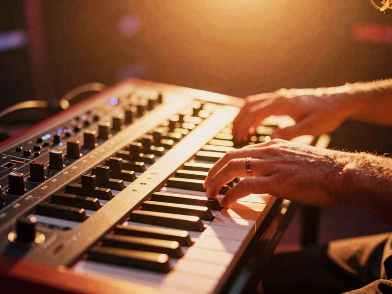 High-contrast close-up of hands playing analog synthesizers on stage, warm neon gold and terracotta stage lights, cinematic lens flare, 35mm film grain