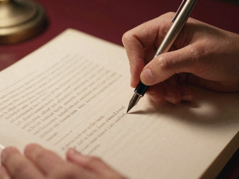 Close-up of hands editing a printed manuscript with a fountain pen, warm library lamplight, soft focus on textured paper