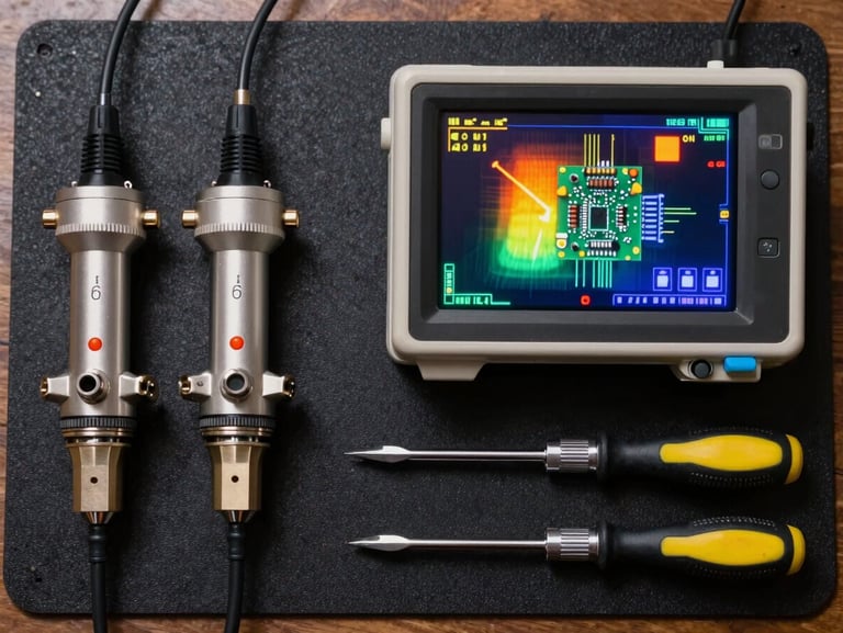 Top-down flat lay of digital oscilloscope probes, thermal camera screen showing heat signatures on a circuit board, and precision screwdrivers on a dark anti-static mat