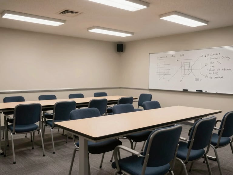 Environmental wide shot of a small seminar room, empty chairs arranged around a rectangular table, whiteboard with handwritten diagrams visible, ambient overhead fluorescent light, no people present
