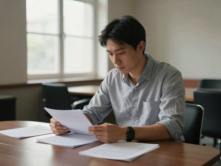 Author seated at a round table in a spare meeting room, looking down at documents, natural window light from behind left, no other people visible, shirt sleeves rolled, posture focused