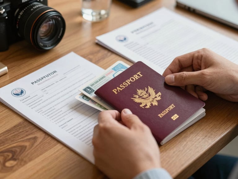 Close-up of hands organizing passports, travel visas, and official mission orders on a wooden table, warm side lighting, professional setting