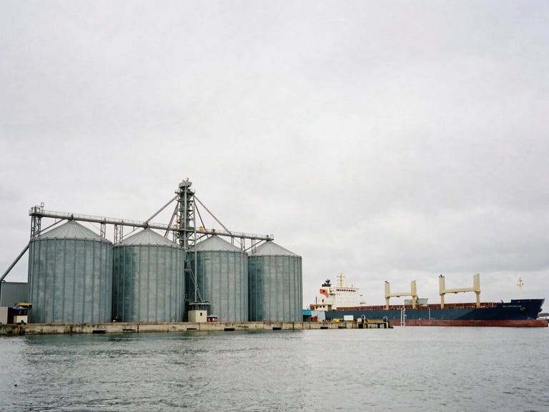 Wide angle shot of the grain silos and cargo ships at the Quequén port during overcast daylight, industrial maritime atmosphere