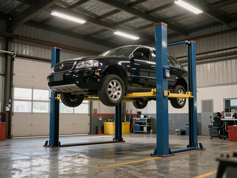 Wide-angle shot of a heavy-duty two-post vehicle lift with a car fully raised inside a working garage bay, tungsten shop lights from above, concrete floor visible below, no people, industrial documentary