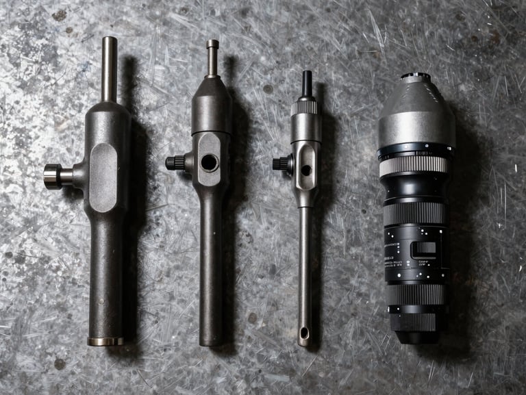 Overhead product flatlay of pneumatic impact wrenches and air ratchets on a textured metal workshop surface, hard side lighting from left, sharp shadows, industrial documentary framing