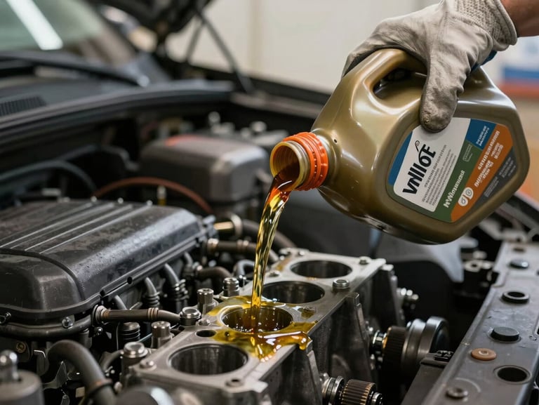 Close-up of a mechanic's gloved hand pouring motor oil from a professional container into an engine bay, oil catching light against a dark engine block, tungsten workshop lighting, industrial documentary