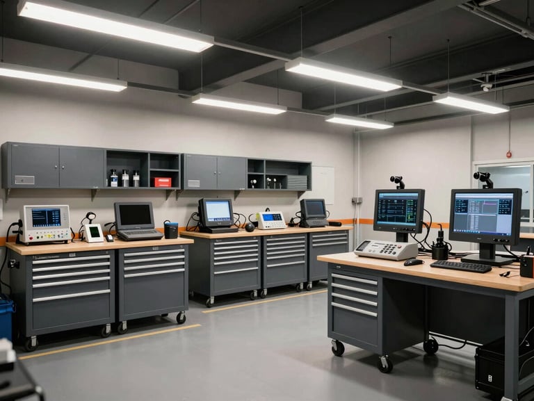 Wide shot of a well-equipped automotive workshop interior showing tool cabinets, diagnostic equipment and workbenches under bright fluorescent lights, no people, industrial documentary style