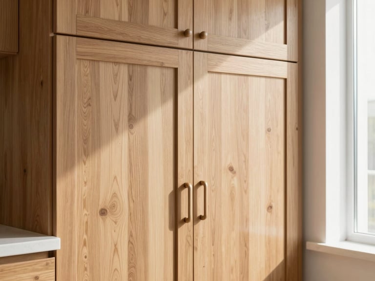Solid natural oak wood kitchen cabinets, rustic yet modern feel, textured wood grain visible, warm natural sunlight, 35mm lens