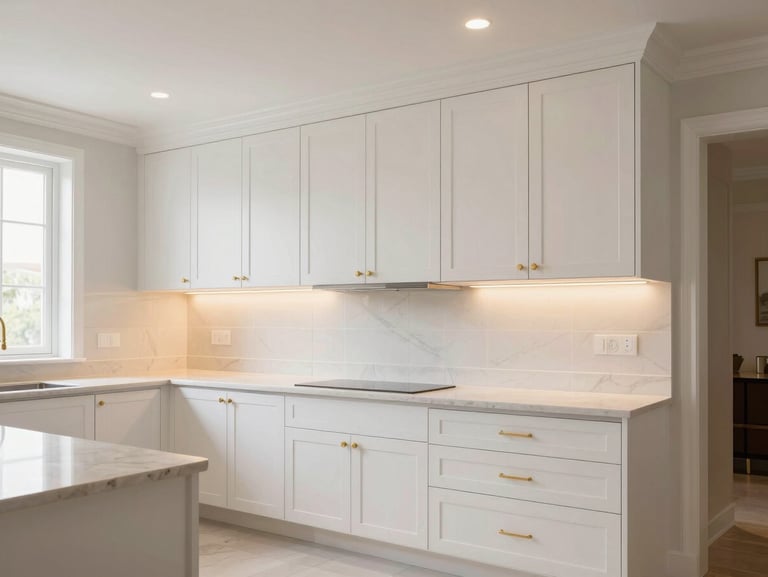 Elegant classic kitchen with detailed white wooden cabinets, gold handles, traditional crown molding, warm ambient lighting, 35mm lens