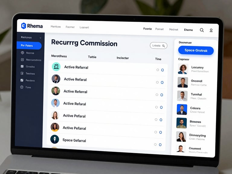 Bright, clean UI mockup of the Rhema partner dashboard showing recurring commission tracking, active referral lists, and marketing assets sidebar, Space Grotesk typography, electric blue accents.