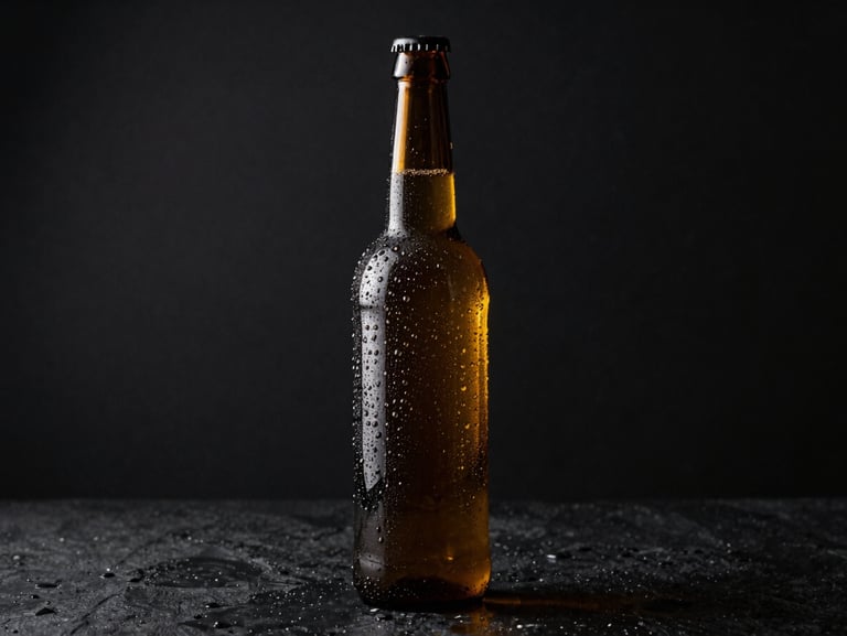 Botella de vidrio oscuro con gotas de condensación perfectas sobre fondo de piedra negra, iluminación de perfil dramática y reflejos dorados