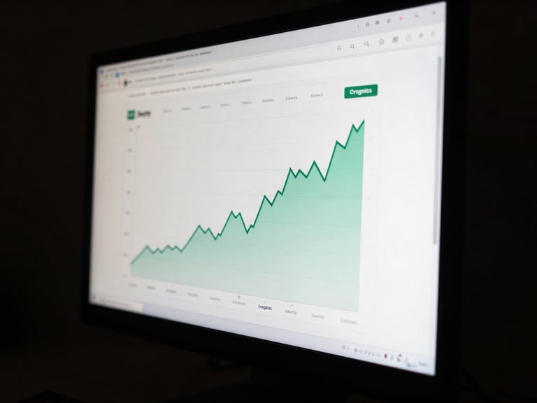 Close-up of a Shopify dashboard on a dark monitor showing a traffic spike line chart, organic sessions climbing sharply over six months, screen glow the sole light source, deep shadow surroundings
