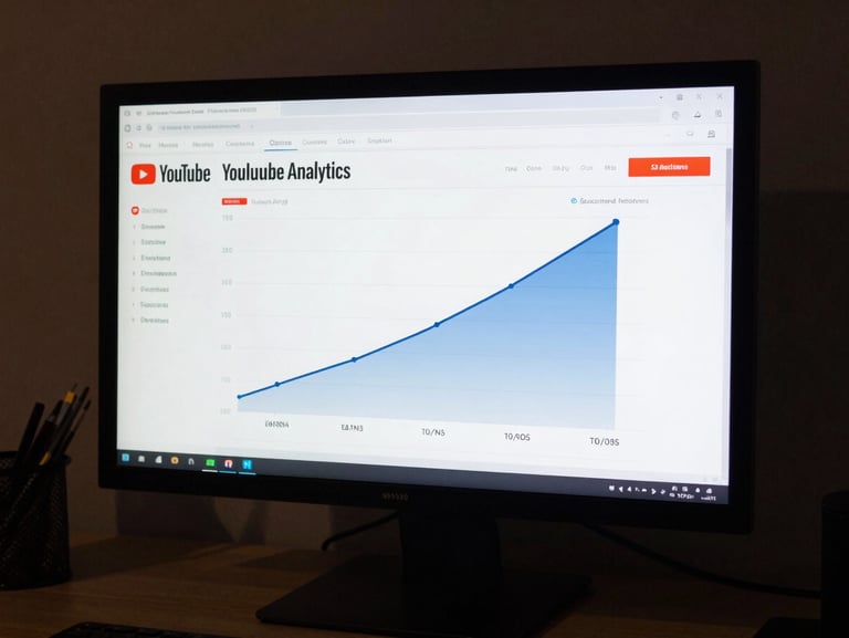 Desktop monitor showing a YouTube analytics dashboard with a subscriber and view count growth chart spiking upward over four months, screen-glow lighting, surrounding desk in near-darkness
