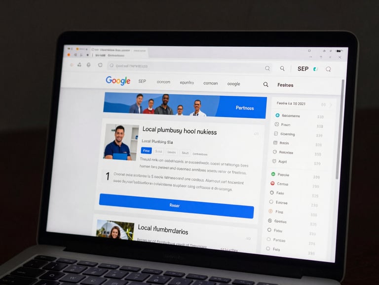 Tight crop of a laptop screen showing a Google SERP with a local plumbing business website highlighted in position one, before-and-after rank delta visible in a sidebar analytics panel, screen glow lighting, dark background
