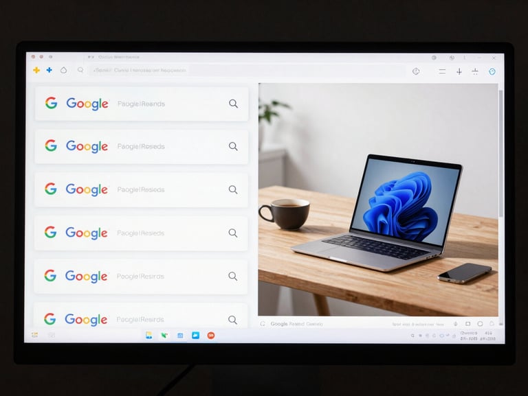 Split-screen before-and-after Google Search results page on a desktop monitor, left side showing page three placement, right side showing page one placement for an e-commerce electronics brand, screen glow only, dark studio background