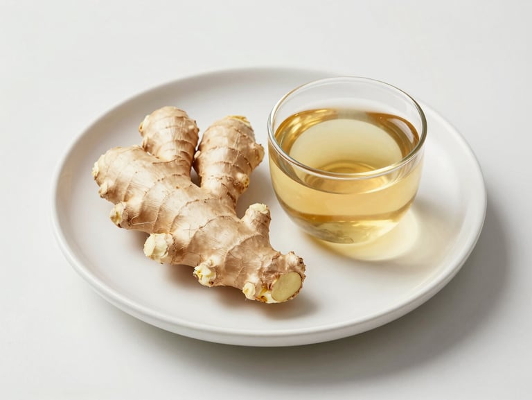 Artistic minimalist composition of raw ginger root and herbal infusions on a white ceramic plate, soft shadows, editorial photography