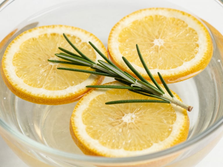 Crisp macro shot of fresh rosemary and citrus slices floating in clear water, bright daylight, 35mm lens