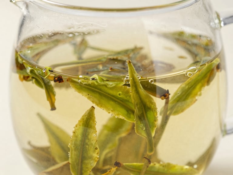 Macro shot of green tea leaves steeping in a glass teapot, beautiful water movement, bright natural light, 35mm lens
