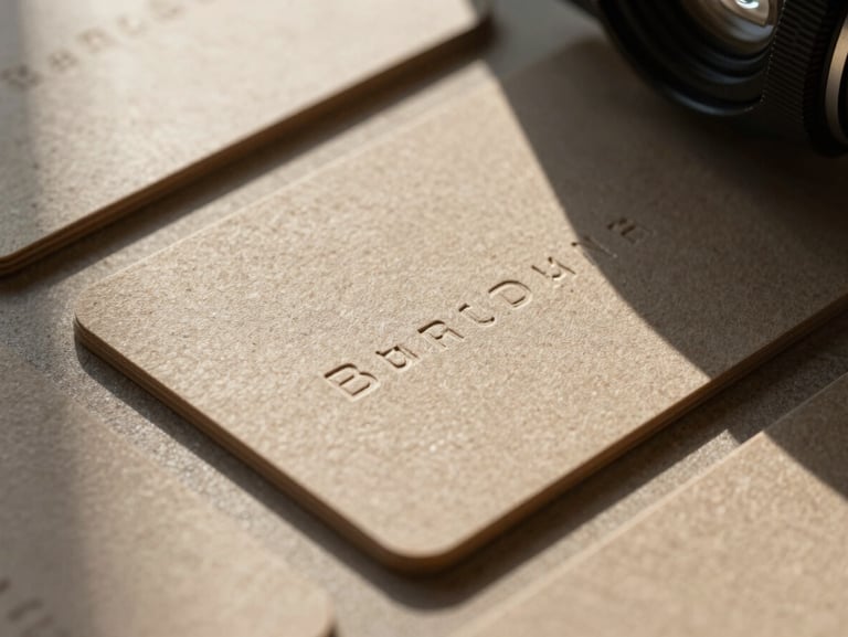 Extreme close-up of embossed business cards on textured sand paper, high-contrast natural light casting sharp geometric shadows.
