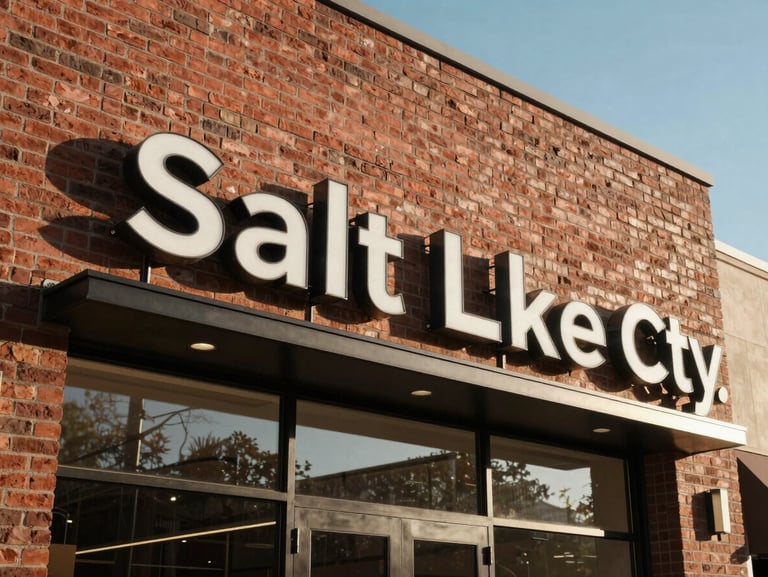 Wide structured architectural shot of a brick storefront in Salt Lake City, clean steel signage with minimalist typography, afternoon sun.