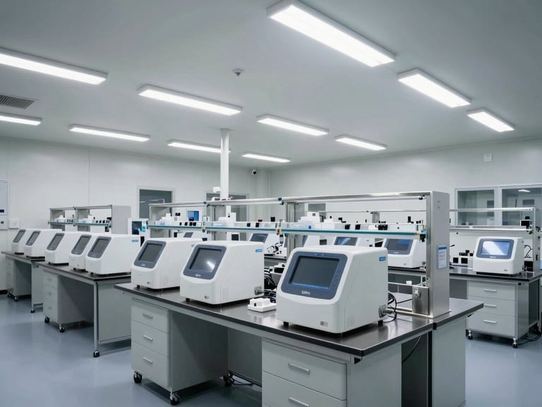 Wide interior shot of a GMP clean-room laboratory, overhead fluorescent lighting, stainless steel benches with lyophilization equipment in precise rows, no people, shadowless technical lighting, clinical white walls