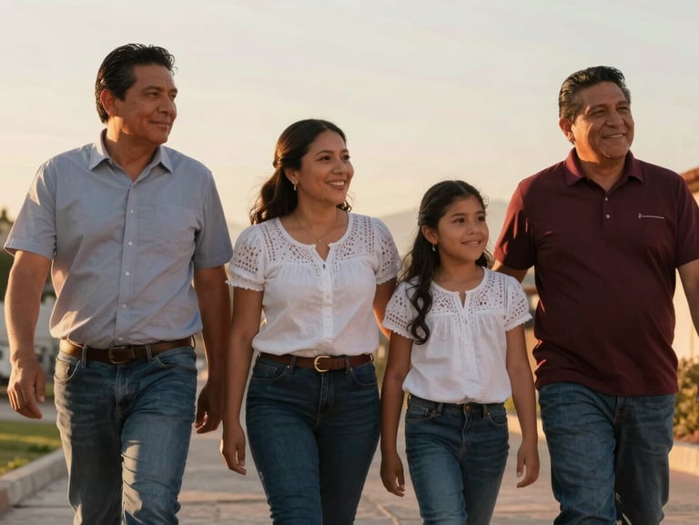 Candid medium shot of a Mexican family walking together outdoors during golden hour, smiling naturally, soft warm sunlight.