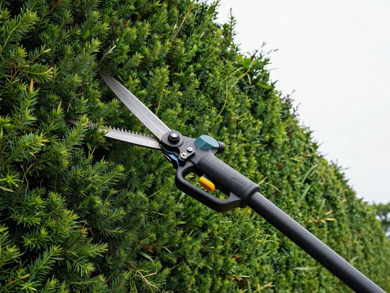 Low-angle detail shot of a heavy-duty commercial hedge cutter trimming a tall, perfectly straight boundary hedge, bright daylight