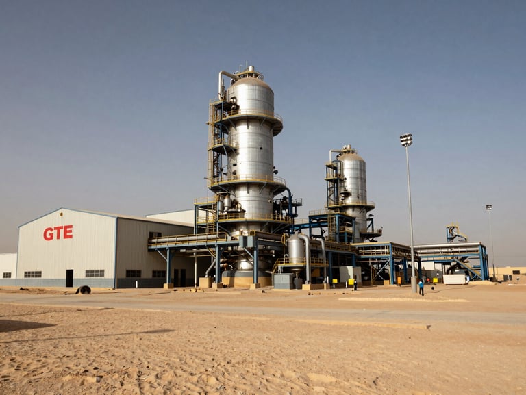Wide panoramic exterior of GTE heavy industrial manufacturing plant in Sadat City Egypt, dusty desert sky, high-contrast, midday lighting