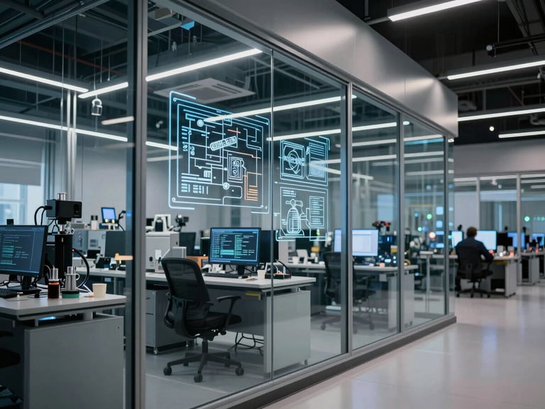 Interior of a modern high-tech corporate engineering office and technical support lab in Cairo, sleek glass walls, technical schematics on screens, cool lighting