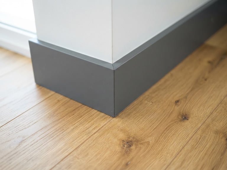 Close-up macro shot of a perfectly mitered baseboard joint meeting a luxury vinyl plank floor, clean finish carpentry, bright natural coastal daylight, 35mm