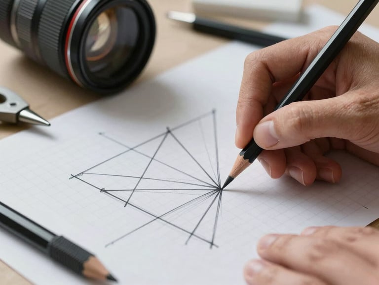 Macro shot of a designer's hands drafting a geometric layout with a graphite pencil on grid paper, architectural tools nearby, soft overcast daylight.