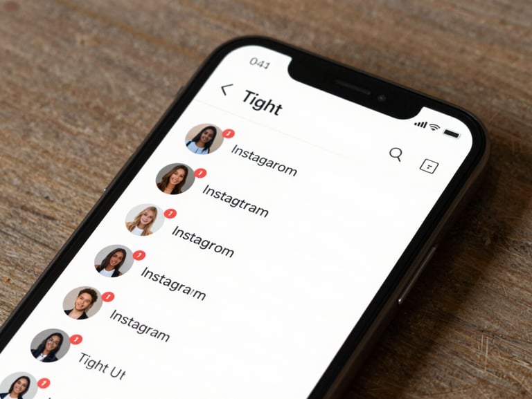 Tight UI mockup of a smartphone screen showing an Instagram DM inbox with multiple unread messages from days ago, red notification badges, clean flat-lay composition, bright studio lighting.