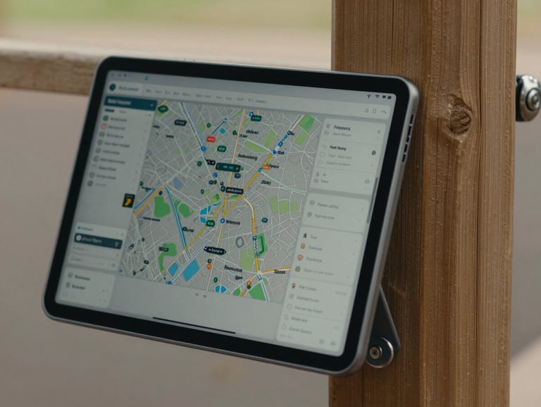Close-up of a digital tablet displaying mapping software on-site next to a solid timber playground post, structured framing, neutral daylight.
