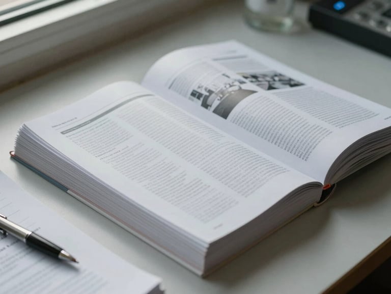Close-up overhead view of a research desk under diffused window light, stack of printed journal articles with visible abstract headers, a pen resting across an open page, neutral background, documentary framing